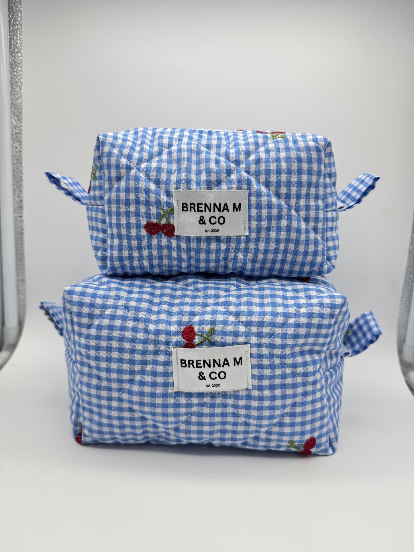 Blue Gingham Cherry Quilted Makeup Bag