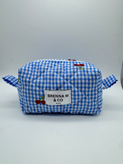 Blue Gingham Cherry Quilted Makeup Bag