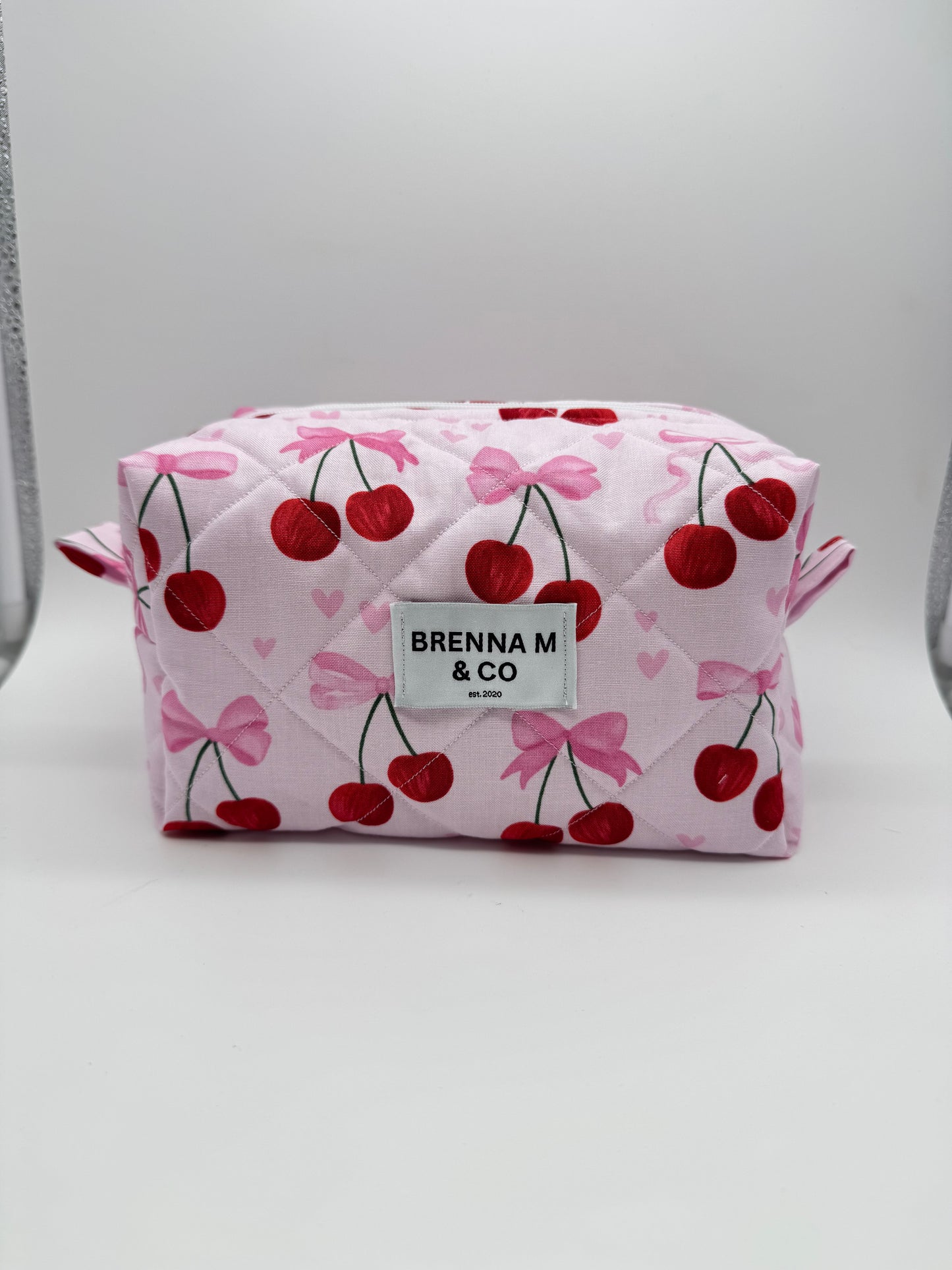 Pink Cherry Bow Quilted Makeup Bag