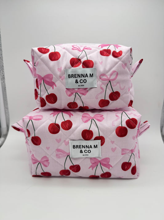 Pink Cherry Bow Quilted Makeup Bag