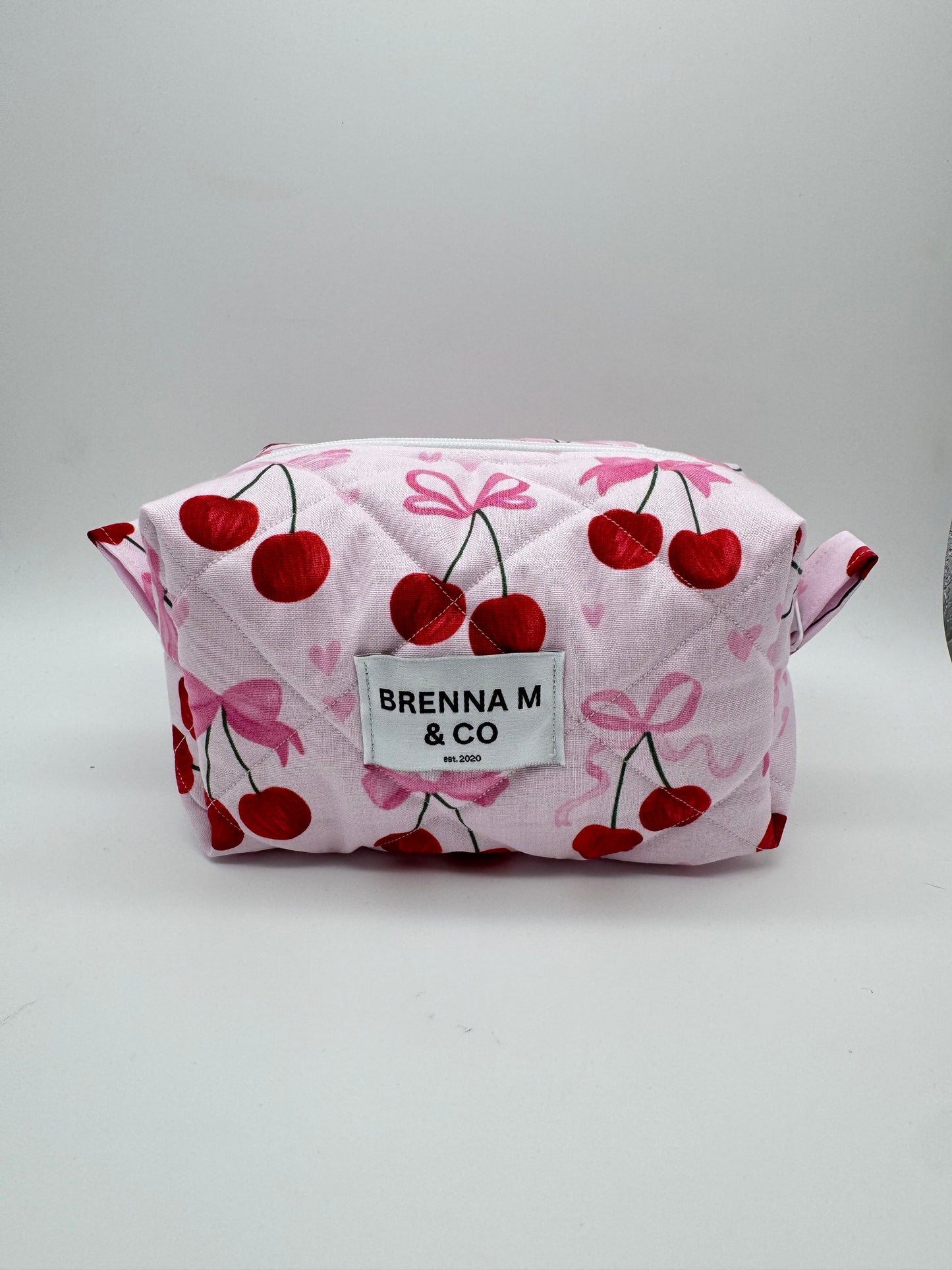 Pink Cherry Bow Quilted Makeup Bag