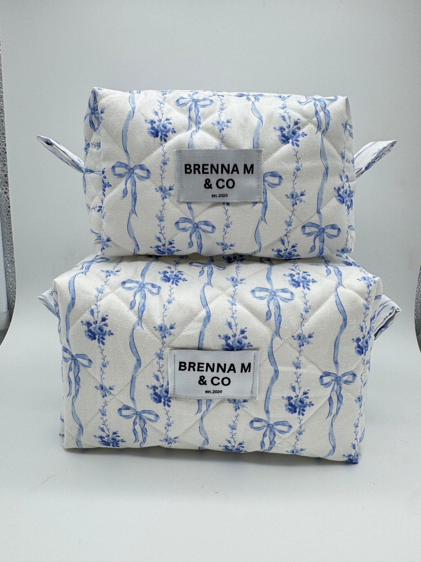 Blue Bow Quilted Makeup Bag