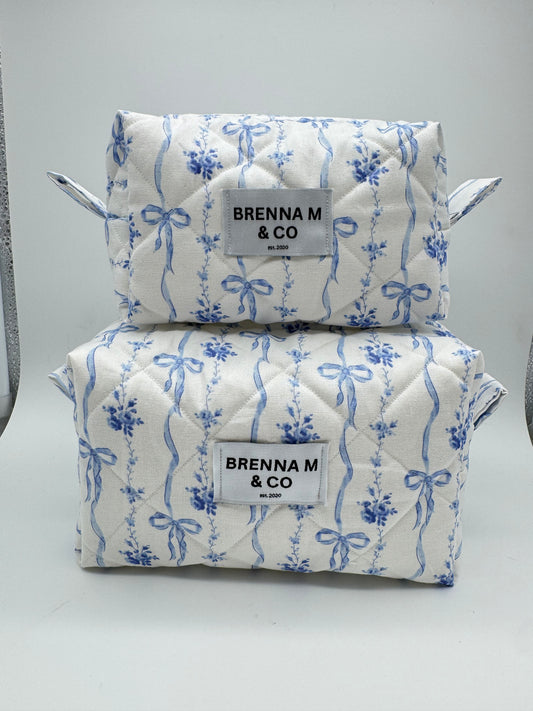 Blue Bow Quilted Makeup Bag