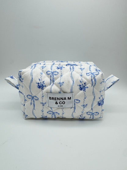 Blue Bow Quilted Makeup Bag