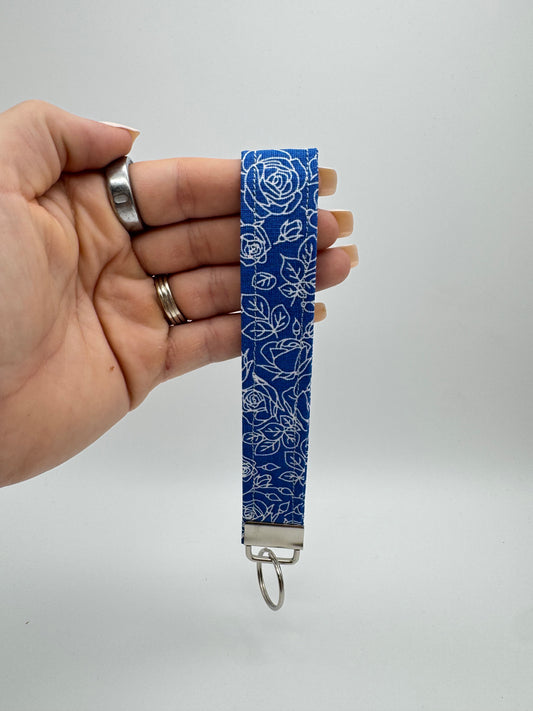 Blue & White Flower Keychain Wristlet