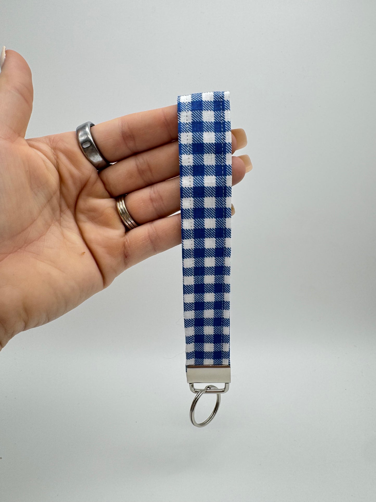 Blue Gingham Keychain Wristlet