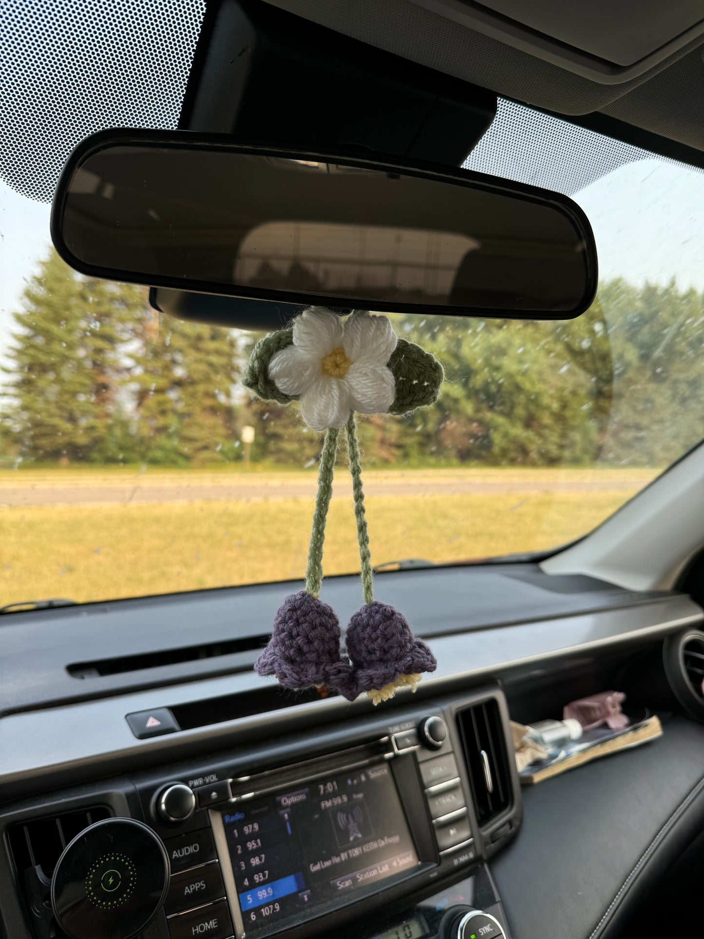 Crochet Purple Lily and Daisy Car Charm