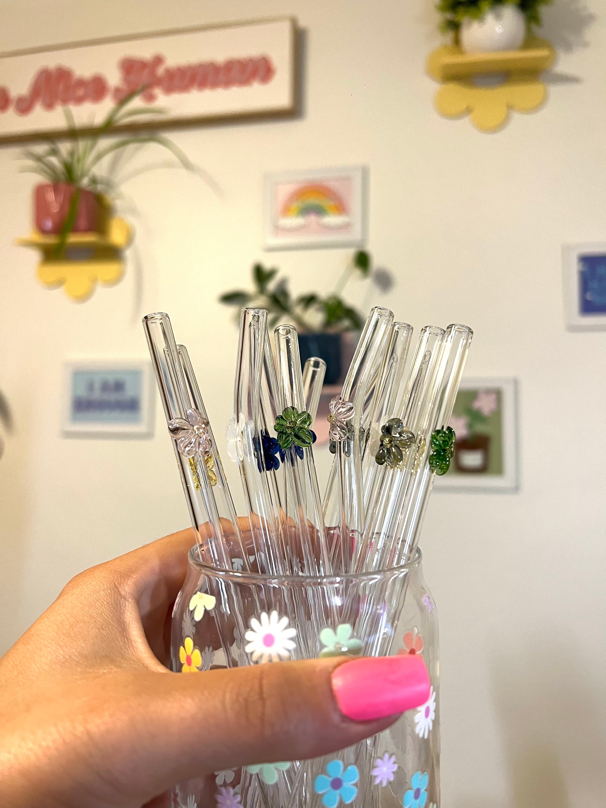 Glass Drinking Straws Cleaner, Flower Glass Straws