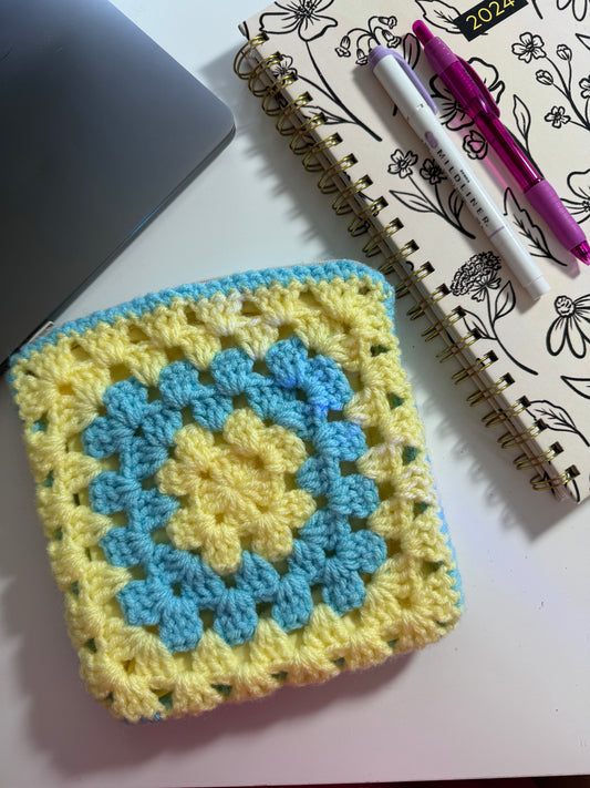 Blue & Yellow Crochet Zipper Pouch