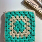 Teal & Cream Crochet Zipper Pouch