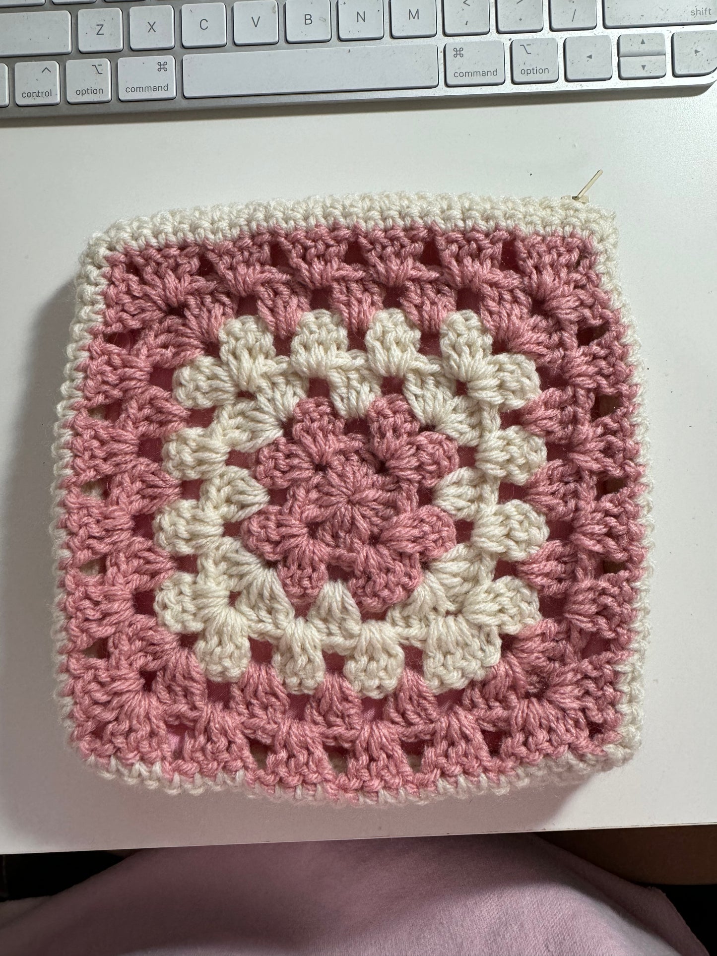 Dusty Pink & Cream Crochet Zipper Pouch