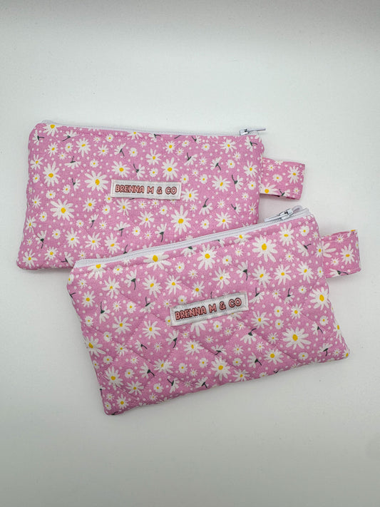 Pink Daisy Quilted Zipper Pouch