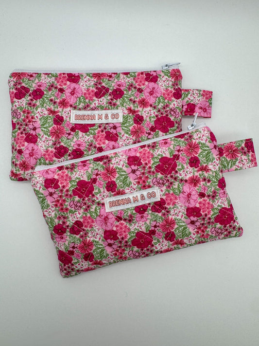 Pink Floral Quilted Zipper Pouch
